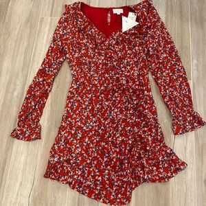 Lost + Wander Red Floral Long Sleeve Mini Dress